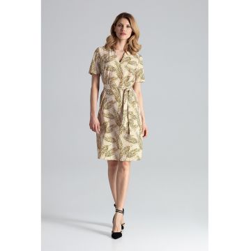 Rochie midi  M669 - maneci scurte - decolteu in V - multicolor - poliester