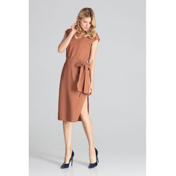 Rochie midi  M674 - eleganta - maneci scurte - maro - poliester 100% -