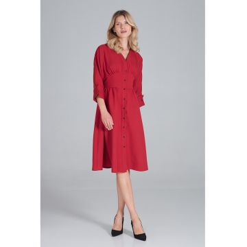 Rochie midi  M843 - maneci 3/4 - decolteu in forma de inima - burgundy - poliester