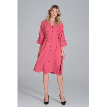 Rochie midi  M843 - roz - cu nasturi - maneci 3/4 - poliester -