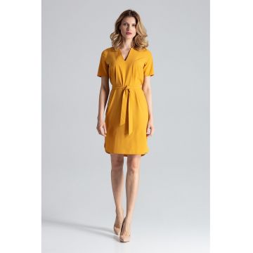 Rochie midi mustar  galben - maneci scurte - poliester -