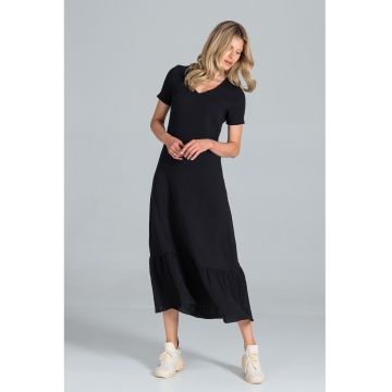 Rochie midi -  neagra - cu maneci scurte - bumbac