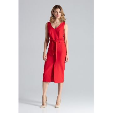 Rochie midi  rosie cu decolteu in V si curea - poliester 100%