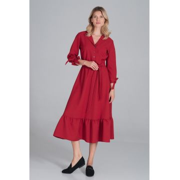 Rochie midi  rosie - poliester - cu curea - volane -