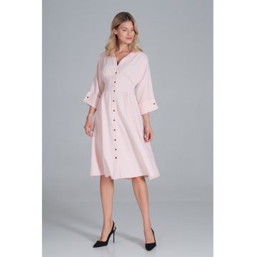 Rochie midi -  roz - maneci 3/4 - pentru purtarea zilnica - poliester