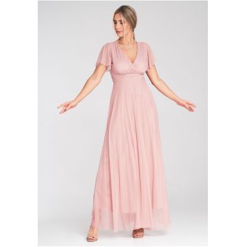 Rochie midi  roz - plasa - maneci scurte - decolteu plic - pentru femei -