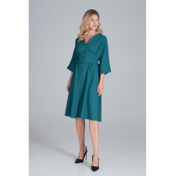 Rochie midi  verde - cu nasturi - maneci 3/4 - poliester -