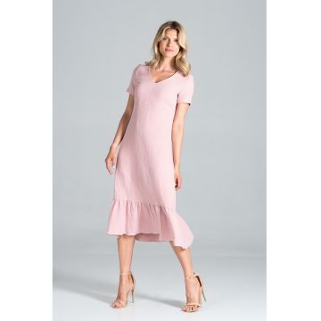 Rochie midi -  volane - roz - muselina - bumbac