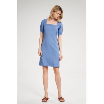 Rochie mini -  albastra - decolteu patrat - maneci scurte - poliester
