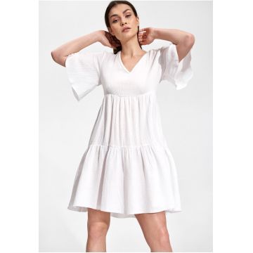 Rochie mini  bumbac 100% - alb - croi evazat - maneci scurte -