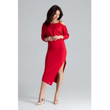 Rochie mulata  K479 - asimetrica - rosu - poliester - elastan - viscoza -