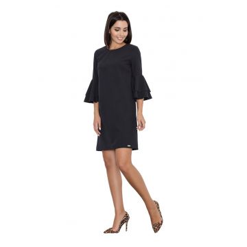 Rochie neagra  M564 - cu volane - maneci 3/4 - poliester/viscoza - negru
