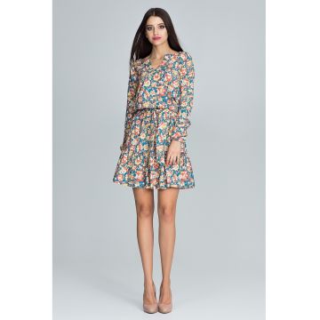 Rochie scurta florala  multicolor - cu maneci lungi - poliester si elastan
