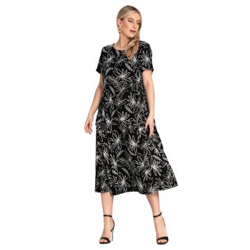 Rochie  simpla - cu imprimeu floral - legaturi laterale - neagra - viscoza/nylon -