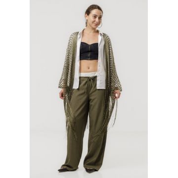Poncho kaki din plasa cu fir auriu si franjuri lungi