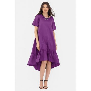 Rochie A-line din poplin, asimetrica, cu volan la baza, mov