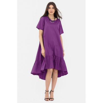 Rochie A-line din poplin, asimetrica, cu volan la baza, mov
