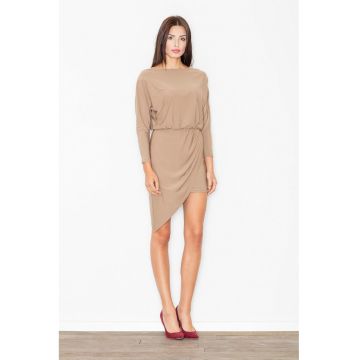 Rochie  asimetrica - bej - cu maneci lungi - poliester - eleganta - versatila