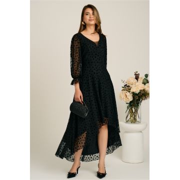 Rochie asimetrica neagra in clos din tull cu buline catifelate