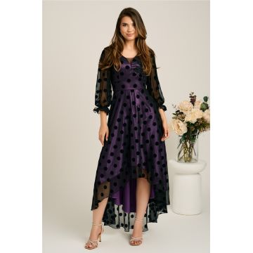 Rochie asimetrica neagra in clos din tull cu dublura mov si buline catifelate