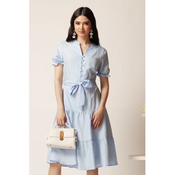Rochie bleu din viscoza in clos cu cordon in talie