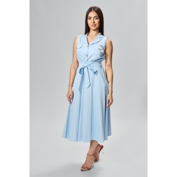 Rochie casual cu butoni aurii si funda in talie Trixie Bleu Rochie casual cu butoni aurii si funda in talie Trixie Bleu