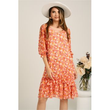 Rochie corai din voal cu croi drept si flori portocalii- Viada