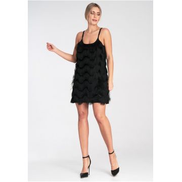 Rochie cu franjuri -  neagra - eleganta - fara maneci - din poliester -
