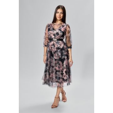 Rochie de ocazie din tull cu imprimeu Peonia Negru Floral