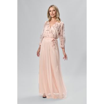 Rochie de ocazie din tull cu strass-uri si perlute Lucina Peach