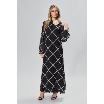 Rochie de ocazie din voal cu imprimeu si brosa tip floare Norlene Neagra