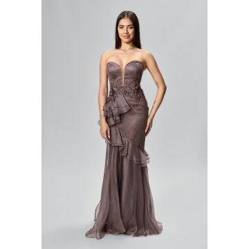 Rochie de ocazie premium cu dantela si volane Quintessa Maro