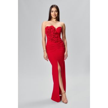 Rochie de ocazie premium cu flori 3D si crepeu Maranda Rosie