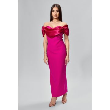Rochie de ocazie premium cu maneci si volan peste bust din satin Sangria Ciclam