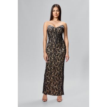 Rochie de ocazie premium din dantela cu strass-uri Fenya Neagra