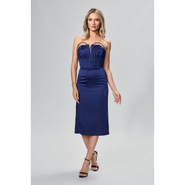 Rochie de ocazie premium din satin cu detalii 3D Pavia Bleumarin