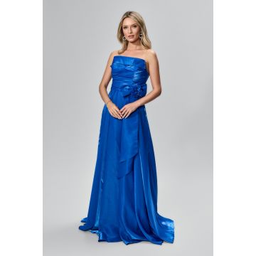 Rochie de ocazie premium din satin cu funda in talie Klarinda Albastra