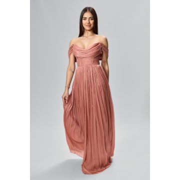 Rochie de ocazie premium din voal satinat cu umerii goi Diafane Somon
