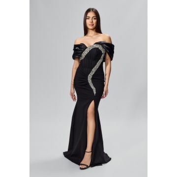 Rochie de ocazie premium tip sirena cu strass-uri si organza Santesa Neagra