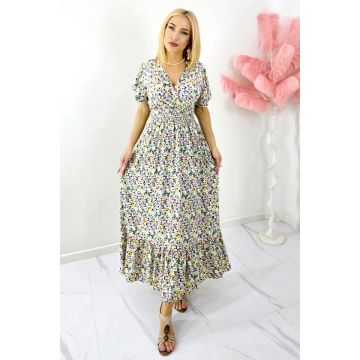 Rochie de zi Mandinga, cu bumbac si imprimeu floral, Verde Petunia