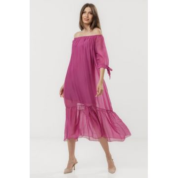 Rochie din matase naturala cu detalii feminine si croiala lejera, magenta