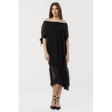 Rochie din matase naturala cu detalii feminine si croiala lejera, neagra