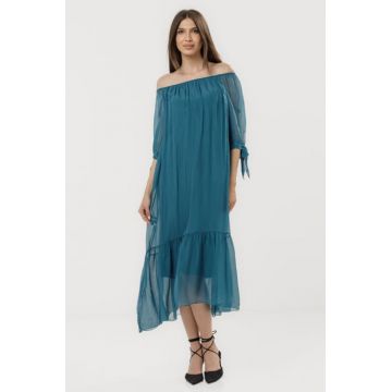 Rochie din matase naturala cu detalii feminine si croiala lejera, turcoaz inchis