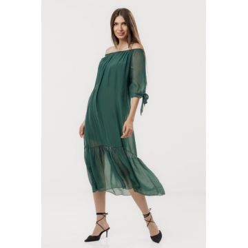Rochie din matase naturala cu detalii feminine si croiala lejera, verde forest