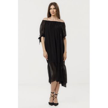 Rochie din matase si vascoza cu detalii feminine si croiala lejera, neagra