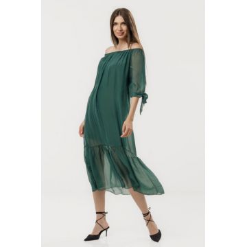 Rochie din matase si vascoza cu detalii feminine si croiala lejera, verde forest