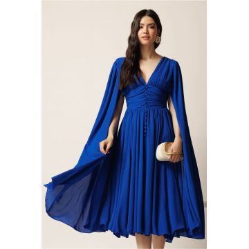 Rochie DY Fashion midi albastra din voal in clos cu nasturi si maneci ample