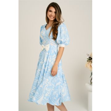 Rochie DY Fashion midi bleu din satin in clos cu print alb si funda in talie