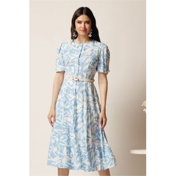 Rochie DY Fashion midi bleu in clos cu imprimeuri albe si curea in talie