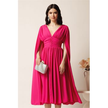 Rochie DY Fashion midi fucsia din voal in clos cu nasturi si maneci ample